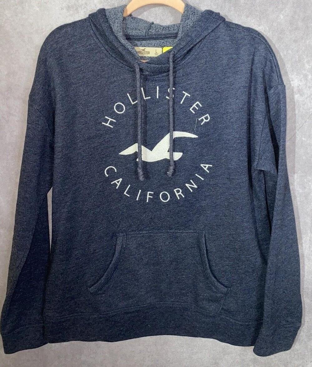 Hollister Hoodie Mens Large Blue Pullover Fleece Lined Hooded Graphic Print